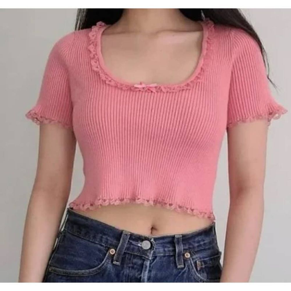For Love & Lemons x Victoria's Secret Pink Ribbed Calla Knit Crop Top Sz. S